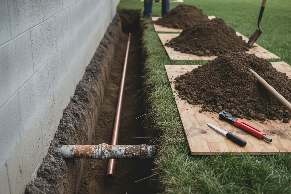 Excavated water line trench during Water Softener Installation in Virginia